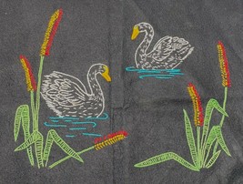 Swans in Pond Cattails Vintage Embroidery on Black Felt Finished Piece 1... - $28.98