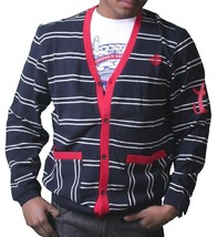Crooks &amp; Castles Navy Scuro Bianco Rosso Maglia Cotone Diavolo Cardigan ... - $44.24