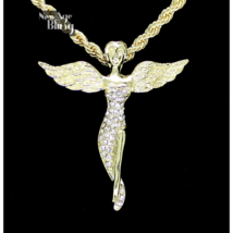 14k Gold Plated Messenger Angel Iced Rhinestone Pendant 24&quot; Rope Chain Necklace - £7.61 GBP