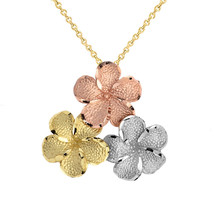 10k Solid Gold 3 Hawaiian Plumeria Flower Petal Textured Pendant Necklace - £199.29 GBP+