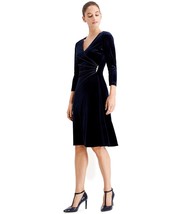 New Connected Apparel Navy Blue Velvet Fit And Flare Dress Size 14 - £43.54 GBP