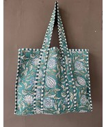 100% Pure Cotton Hand Block Green Floral Print Handmade Tote Shopping Bag - $45.54