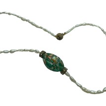 Vintage Artisan Baroque Pearl Dainty Strand Necklace Green Foil Art Glass focal - £21.10 GBP