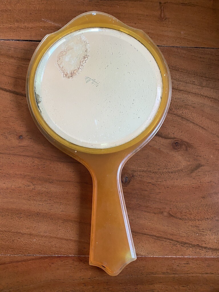 Vintage Butterscotch Bakelite? Hand Mirror Beveled Glass Vanity 10.5" Round  Item image 3