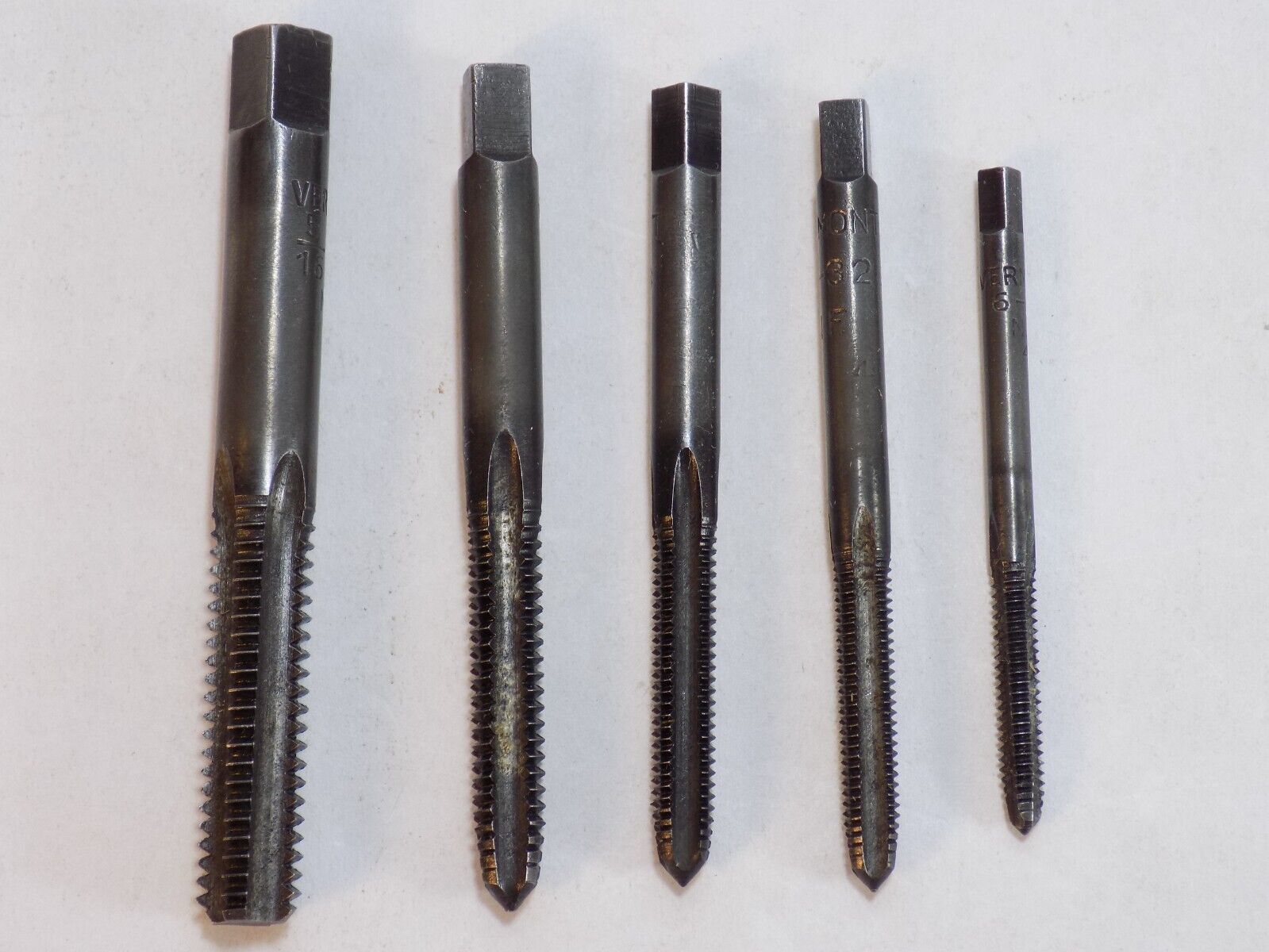5 VINTAGE TAPS VERMONT 6-32, 10-32, 12-28, 1/4-20, 5/16-18 N.C 4 EXCELLE... - $21.77
