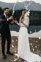 Long Sleeve Lace Top Wedding Dresses,Affordable Two Piece Bridal Dress with Chif - £154.25 GBP