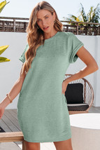 Grass Green Solid Color Textured Crinkle Short Sleeve T Shirt Dress - $233.02 MXN