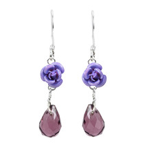 Sweet Purple Rose with Crystal Teardrop Sterling Silver Dangle Earrings - £5.52 GBP