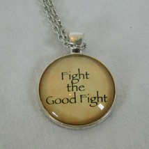 Fight the Good Fight Christian Silver Tone Cabochon Pendant Chain Necklace Round - £2.39 GBP