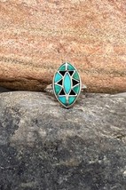 Vintage Zuni Handmade Sterling Silver Natural Turquoise Mosaic Inlay Ring 6.75 - £71.92 GBP