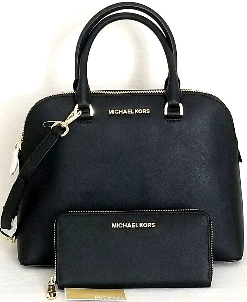 MICHAEL KORS CINDY BLACK SAFFIANO LARGE SATCHEL BAG +/OR MATCHING WALLET... - $104.49+