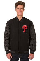 MLB Philadelphia Phillies Wool Leather Reversible Jacket Front Patch Logo Black - £176.39 GBP