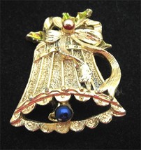 Steven Marc Christmas Bell Pin Vintage Goldtone, Brooch Enamel Signed 1987 - £16.57 GBP