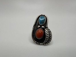Vintage Southwestern Style Sterling Silver Turquoise And Coral Ring Size 6.25 - £75.95 GBP