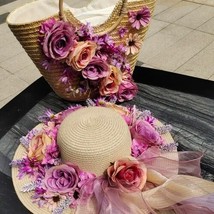 Women Straw Beach Bag Purple  Flowers Handmade High-end Customized Rattan Totes  - £149.71 GBP