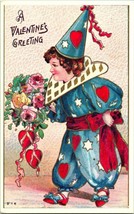Vtg Postcard c 1908 Clown Holding Flowers Valentine - Unused - £9.76 GBP