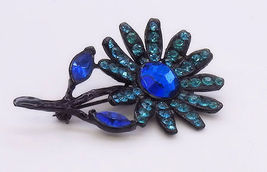 Japanned Flower Pin With Teal And Blue Rhinestones - $15.00