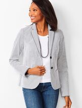 Talbots Sz 10 Navy White Striped Piped Blazer Jacket Patch Pockets Fully... - $84.92 CAD