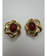 Vintage St John New York Gold Red Accent Clip Earrings 4cm - £55.20 GBP