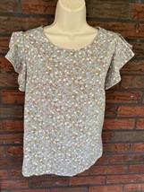 Floral Ditsy Print Blouse Small Frilly Short Sleeve Emery Rose Green Bei... - $9.50