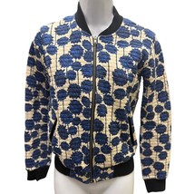 Topshop Women’s 2 small Navy Bomber Floral Blue white full Zip quilted b... - $26.59