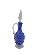 Vintage Cruet Satin Drape Feather Nailsea Blue &amp; White Art Glass Footed ... - $34.60