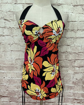 ISLANDER Tankini Swimsuit Top Black Orange Yellow Floral Size 12 Ruched NEW - £22.12 GBP