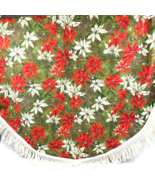 Vintage Christmas MCM Tablecloth 60&quot; Round Poinsettia Pinecones Fringe 1... - €43,65 EUR
