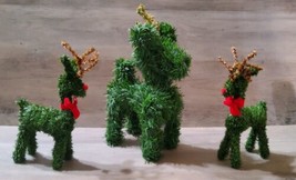 Christmas Reindeers Figures Decoration Green Grass Artifical Vintage 3pc... - £29.55 GBP