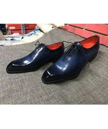 Men&#39;s Handmade blue patina finish whole cut oxford shoes pure leather dr... - $196.34