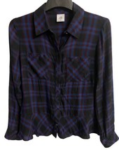 Cabi Dark Shades Peplum Long Sleeved Button Up Blouse Purple Black Blue XS - $18.76