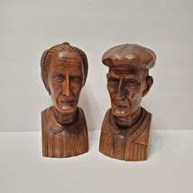 Hand Carved Wood Busts, J Alberdi Mid-Century Carving, Old Man & Woman, Bookends image 1