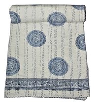 Kantha Quilt Handmade White &amp; Blue Buta Cotton Indian Fabric Hand Block Bedsprea - £59.50 GBP