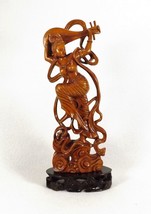 Old Chinese Wood Carved Statue of Woman Dancing w/ Pipa Guitar On Carved... - $80.18
