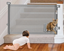 Retractable Baby Gate, Pet Gate W/ Cat Door - 33&quot; Tall X 55&quot; Wide (Gray) - New - £27.09 GBP