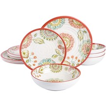 12 Piece Dinnerware Set For 4 Modern Melamine Dishes Plates Bowls White Floral - $53.20