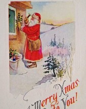 Santa Claus Postcard Christmas Saint Nick Hanging Mistletoe Outside Home Ser 51 - £16.07 GBP