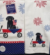 Set Of 2 Same Cotton Kitchen Towels (16&quot;x26&quot;) Patriotic Usa,Dog &amp; Fireworks, Kdd - £11.86 GBP