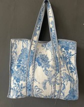 100% Pure Cotton Blue Hand Block Floral Print Handmade Kantha Tote Shopping Bag - £39.93 GBP