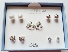 Essential Designs 5 Pairs of Earrings Silver Balls CZ Studs Hearts Pearls New - £14.26 GBP