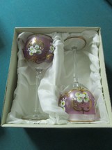 BOHEMIAN CRYSTAL 2 GOBLETS HANDPAINTED PINK PURPLE APPLIED FLOWERS 7 1/2&quot; - $124.73