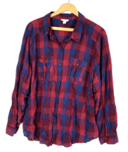 Cato 22W 24W 2X Shirt Top Plaid Button Down Womens Burgundy Red Blue Tun... - £29.26 GBP