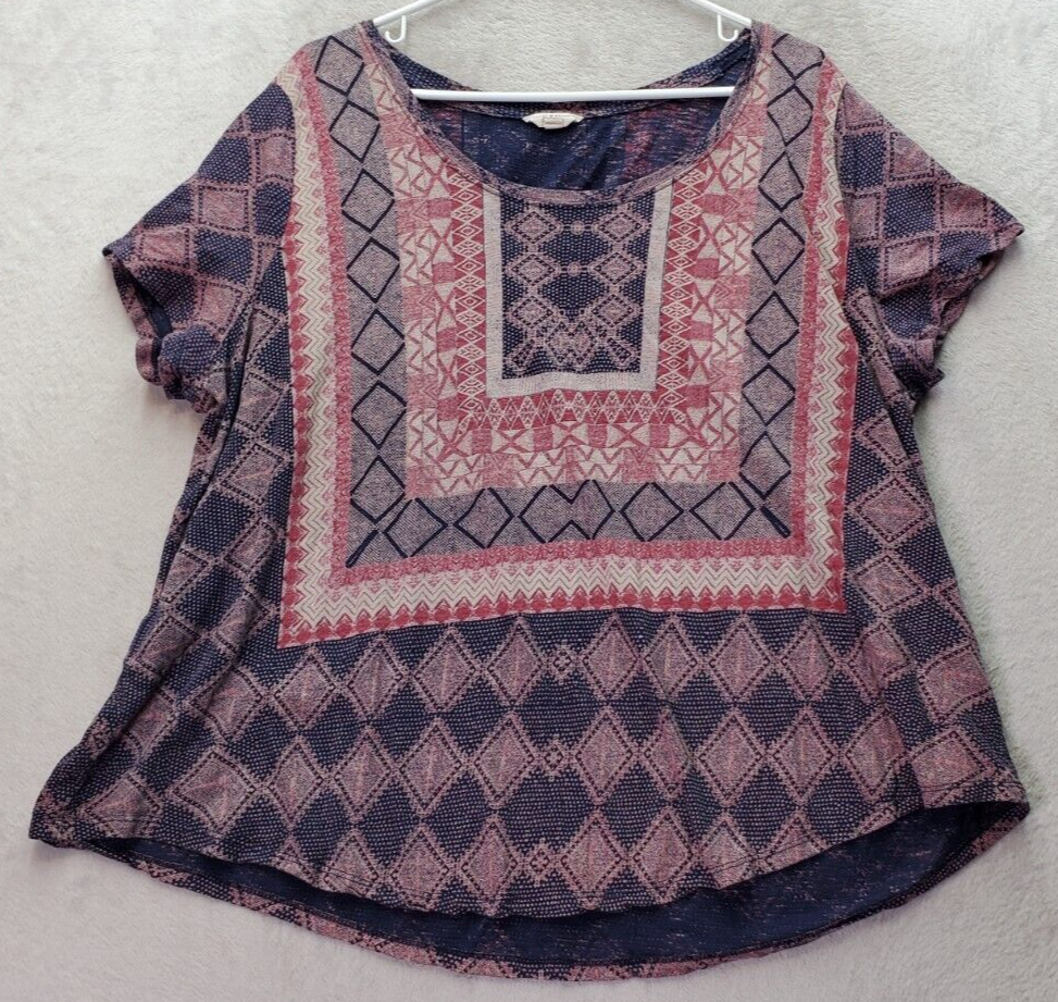 Primary image for Lucky Brand Blouse Top Women Size 2X Pink Navy Geo Print Short Sleeve Round Neck