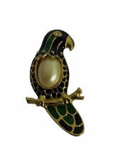 Vintage Parrot Bird Brooch Green Black And Gold With Pearl Chest  - £12.91 GBP