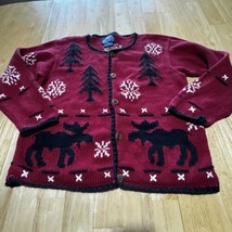 Rey Wear Knit Cardigan Sweater Sz Medium Moose Red Black White Wood Buttons - £22.90 GBP