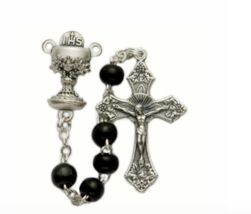 Black Round Wood Beads Rosary Cross Crucifix And Chalice Center - £32.23 GBP