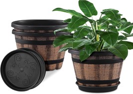 Plant Pots Set Of 3 Pack 10 Inch, Whiskey Barrel Planters With, Canbe For Indoor - £28.46 GBP
