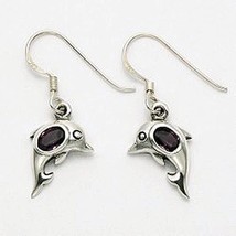 Silver dolphin earrings with amethyst stone - £15.14 GBP