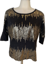 BCX Black with Gold Print Short Sleeve Round Neck Knit Top Size S - £8.51 GBP