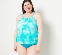 Jantzen Draped High Neck Tankini with Brief (Teal Palm, 4) A489059 - $24.73